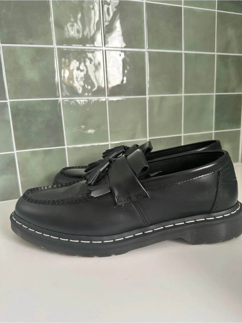 Dr. Martens Adrian Black Leather Tassel Loafers for Men - White Stitch